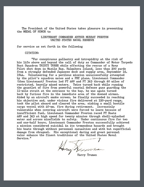 Lt Cmdr Arthur M Preston Medal of Honor Citation